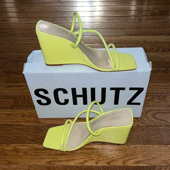 SCHUTZ Kiki Wedge Heel Sandals Green Apple Color Women’s Size 8 Square Toe - Picture 5 of 15